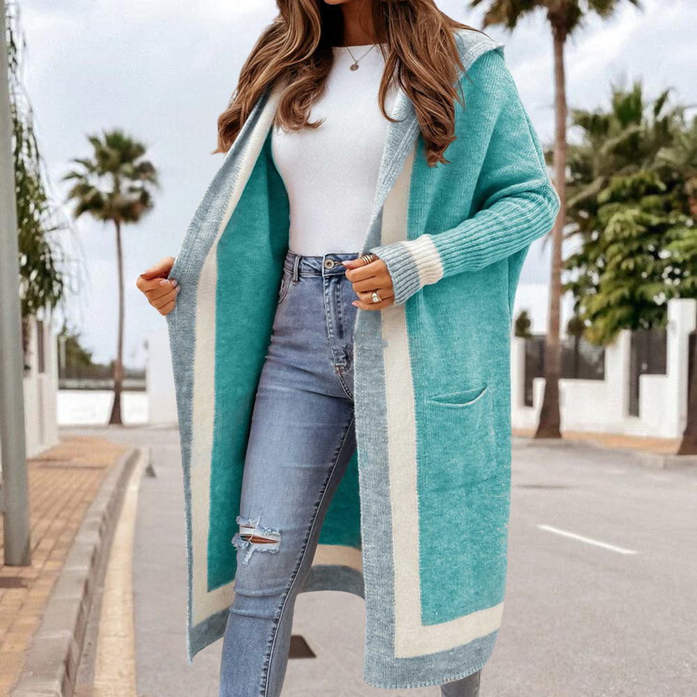 Cardigan Lungo con Cappuccio | Maglia Morbida | Design Bicolore Chic