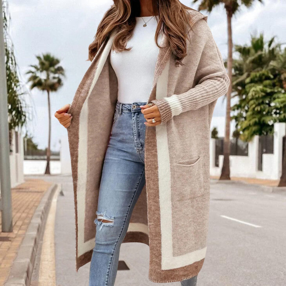 Cardigan Lungo con Cappuccio | Maglia Morbida | Design Bicolore Chic