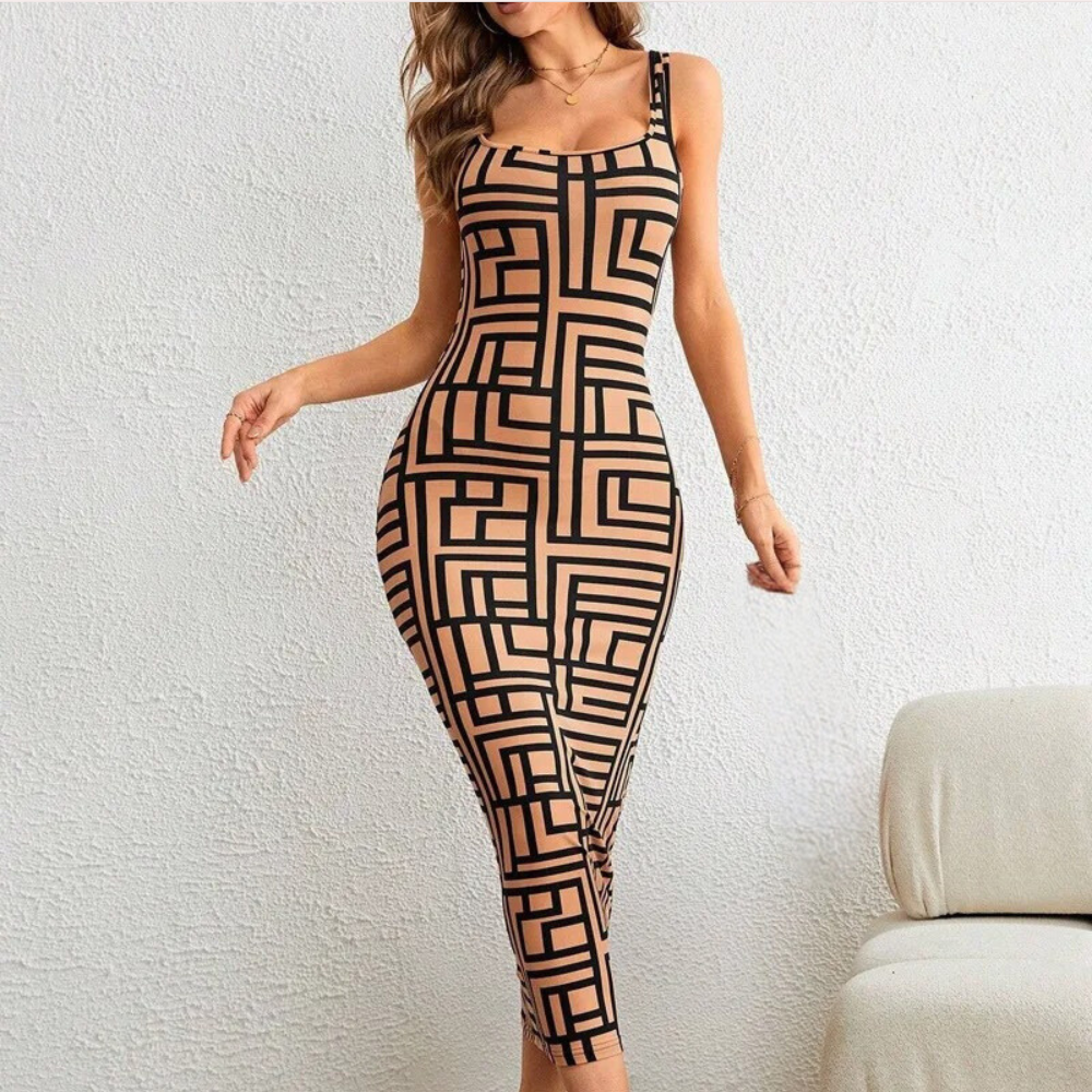 Abito Lungo Aderente | Stampa Geometrica | Sexy e Moderno