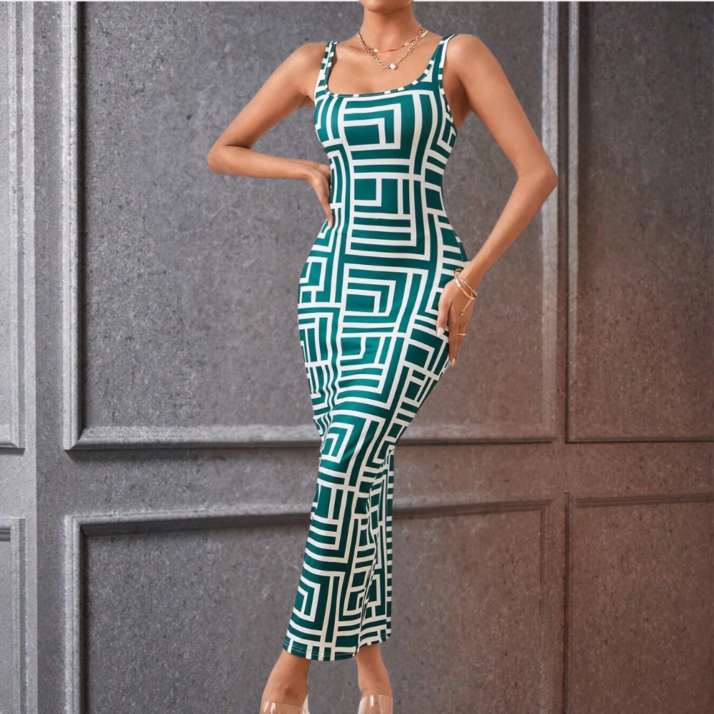 Abito Lungo Aderente | Stampa Geometrica | Sexy e Moderno