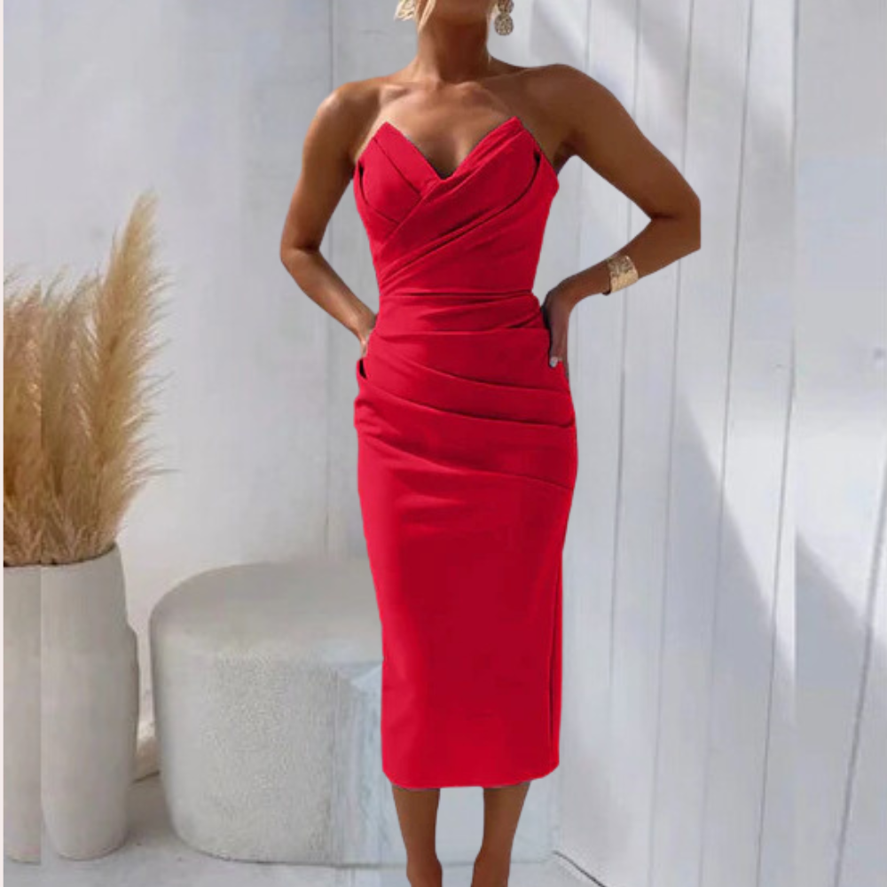 Abito Midi Drappeggiato | Scollo a Cuore | Elegante e Sensuale