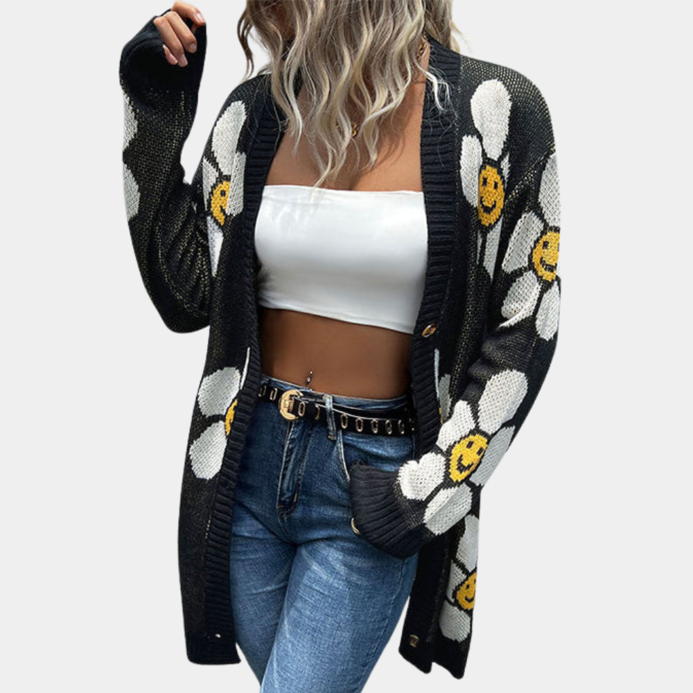 Cardigan Lungo a Maglia | Motivo Margherite | Stile Casual Chic