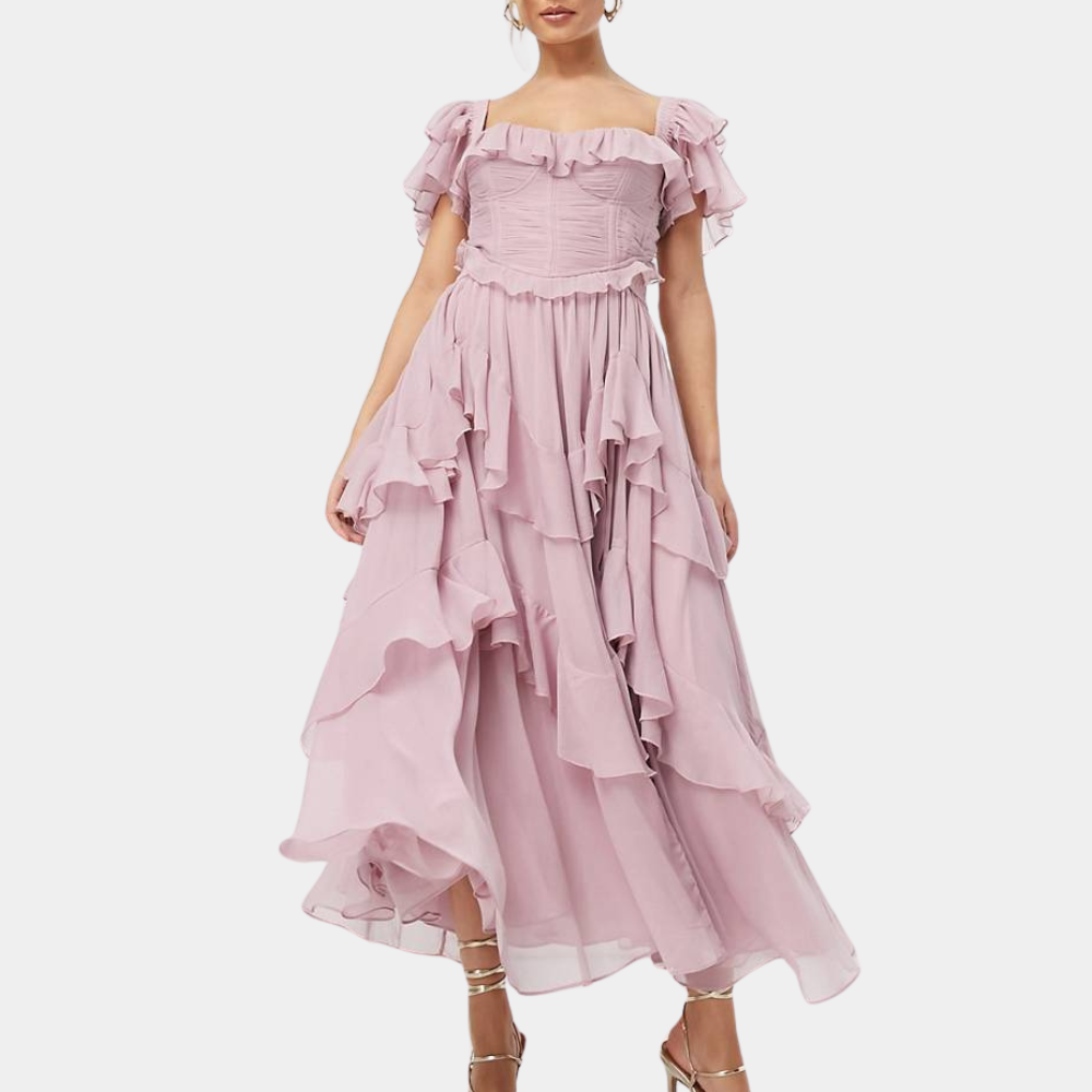 Abito Lungo con Balze | Scollo Off-Shoulder | Elegante e Romantico