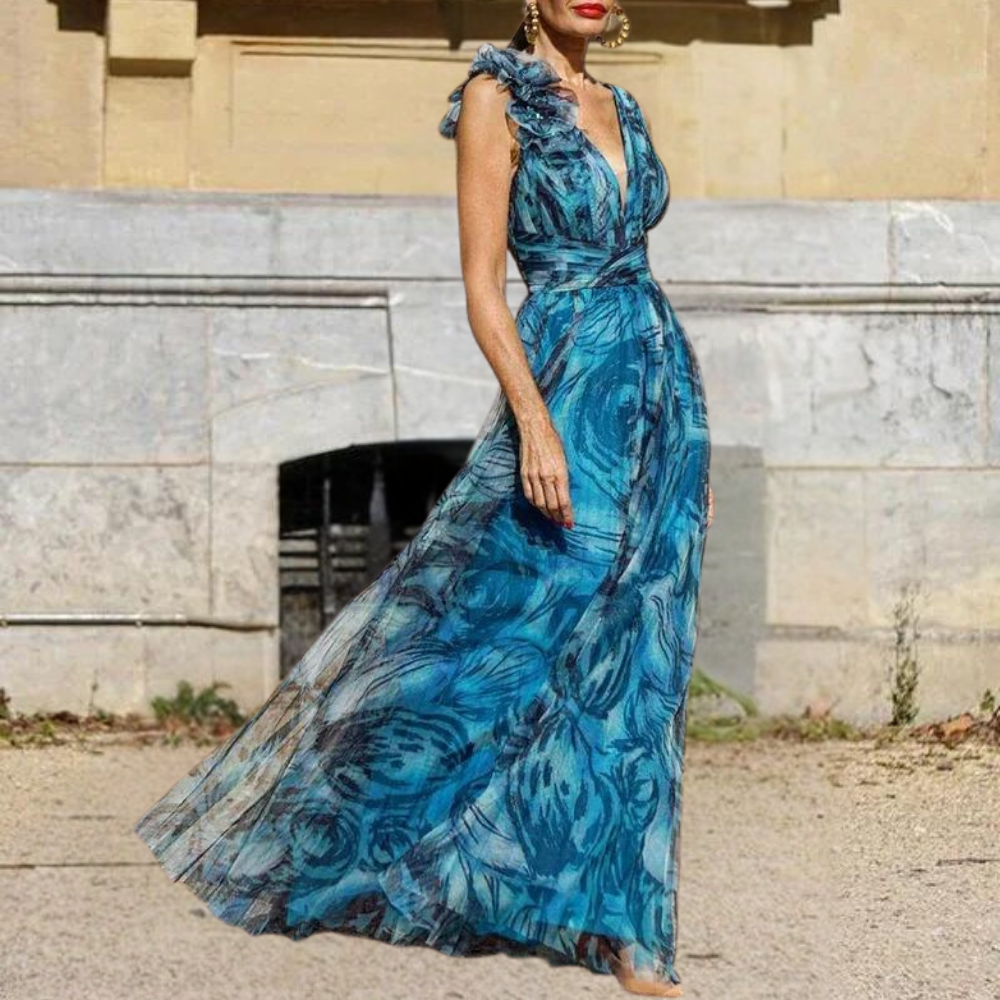 Abito Lungo con Scollo Profondo | Stampa Artistica | Elegante e Fluttuante