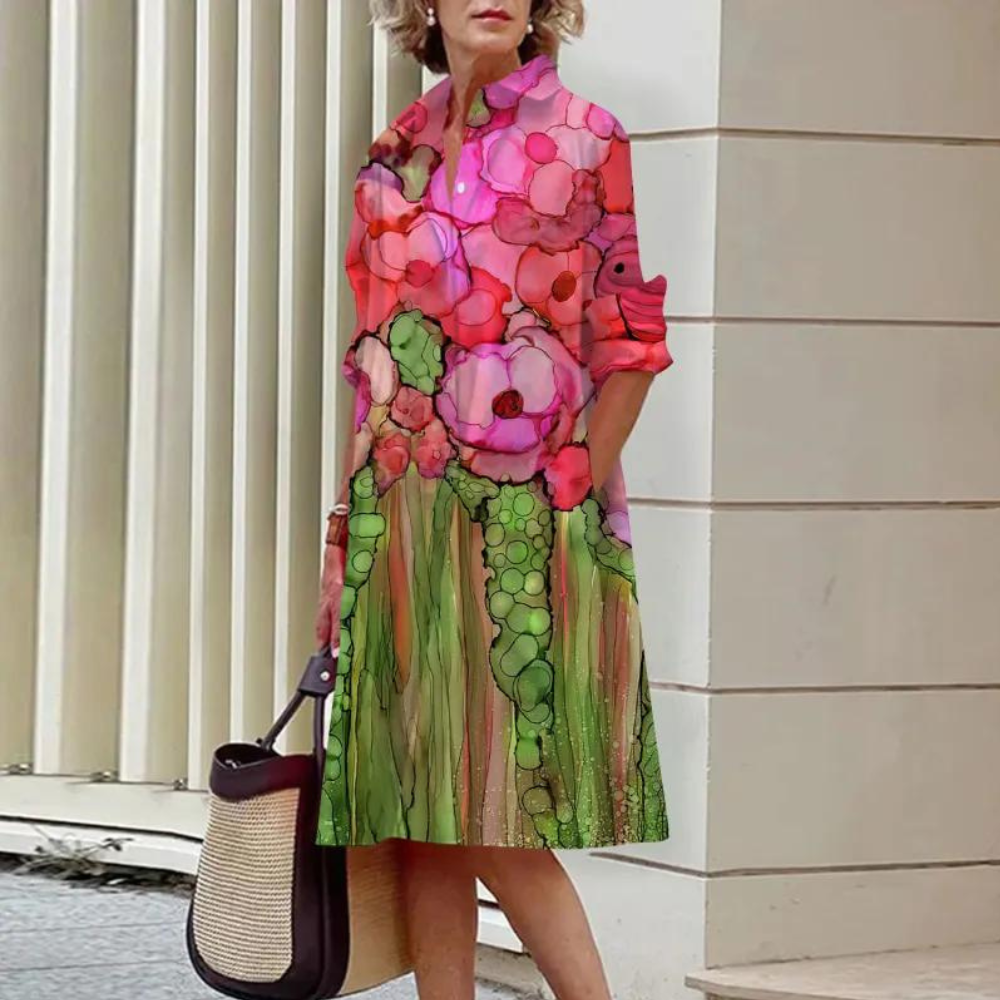 Abito Midi con Stampa Floreale | Maniche 3/4 | Elegante e Artistico