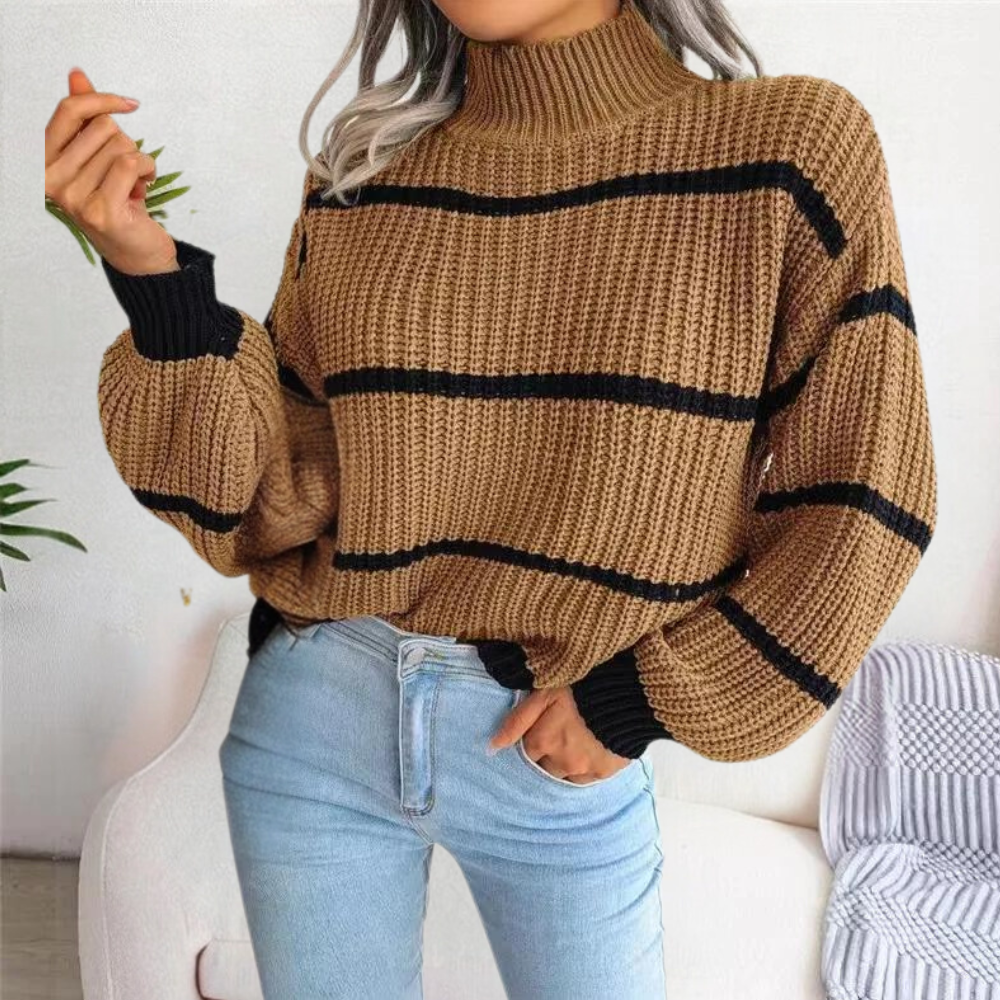 Maglione Oversize a Righe | Caldo e Morbido | Collo Alto | Casual Chic