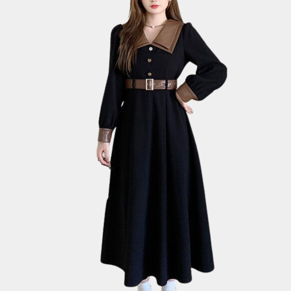 Abito Midi Elegante | Colletto a Contrasto | Stile Vintage & Chic