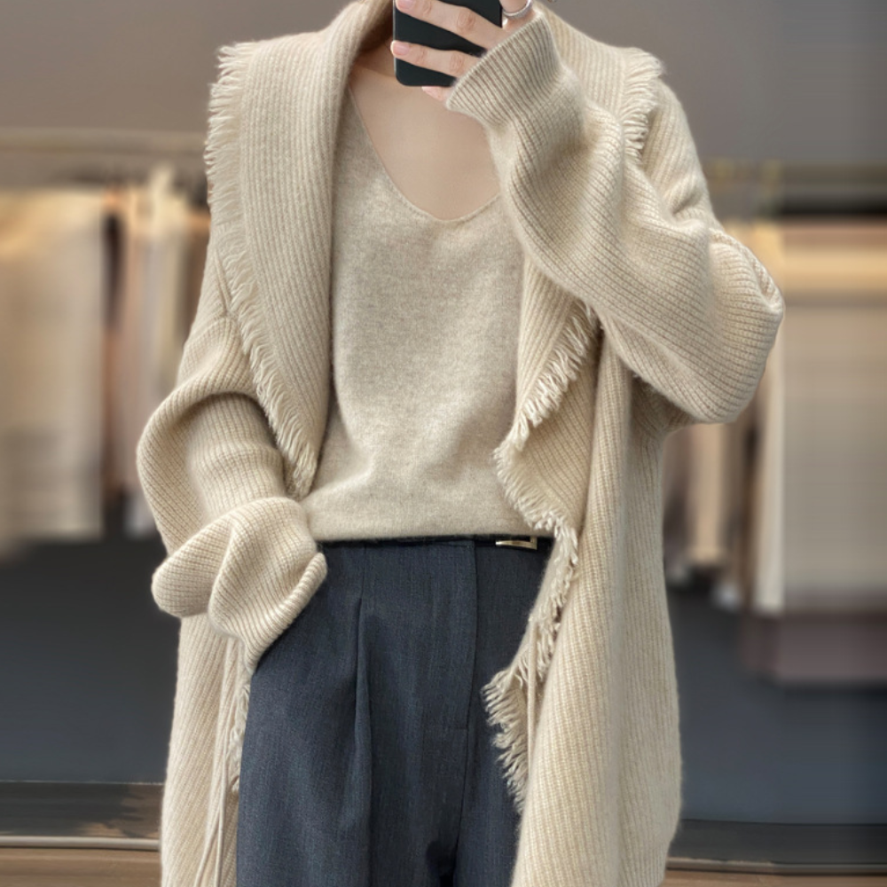 Cardigan Lungo con Bordo Sfrangiato | Caldo | Elegante e Versatile