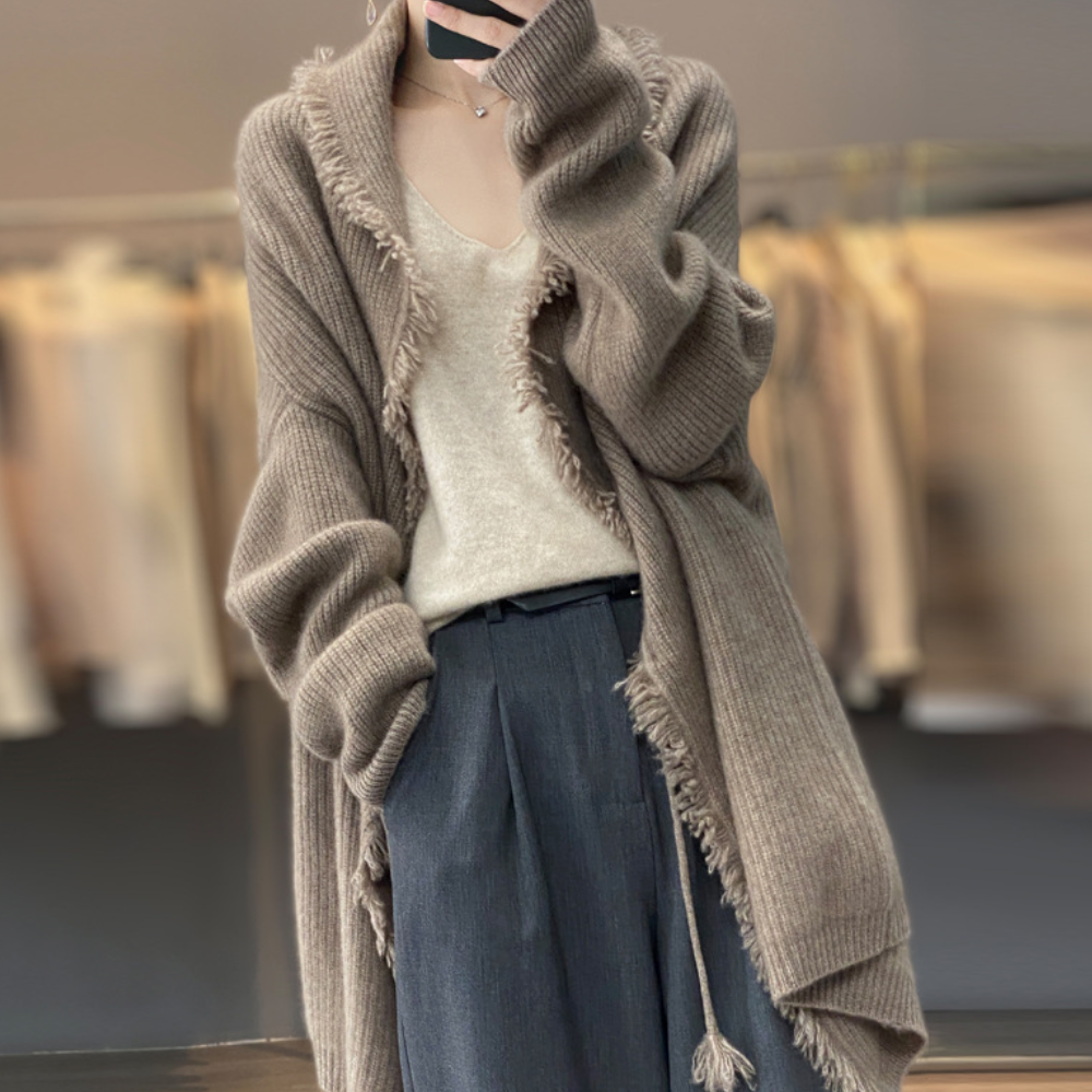 Cardigan Lungo con Bordo Sfrangiato | Caldo | Elegante e Versatile