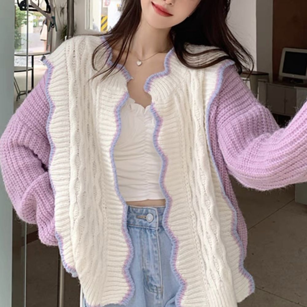 Cardigan Oversize Donna | Bordo Ondulato Bicolore | Stile Morbido e Femminile