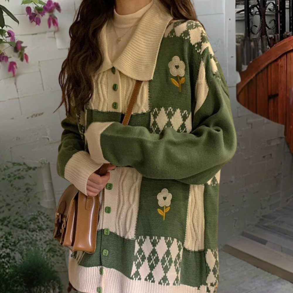 Cardigan Donna | Motivo a Quadri & Ricami | Stile Romantico e Morbido