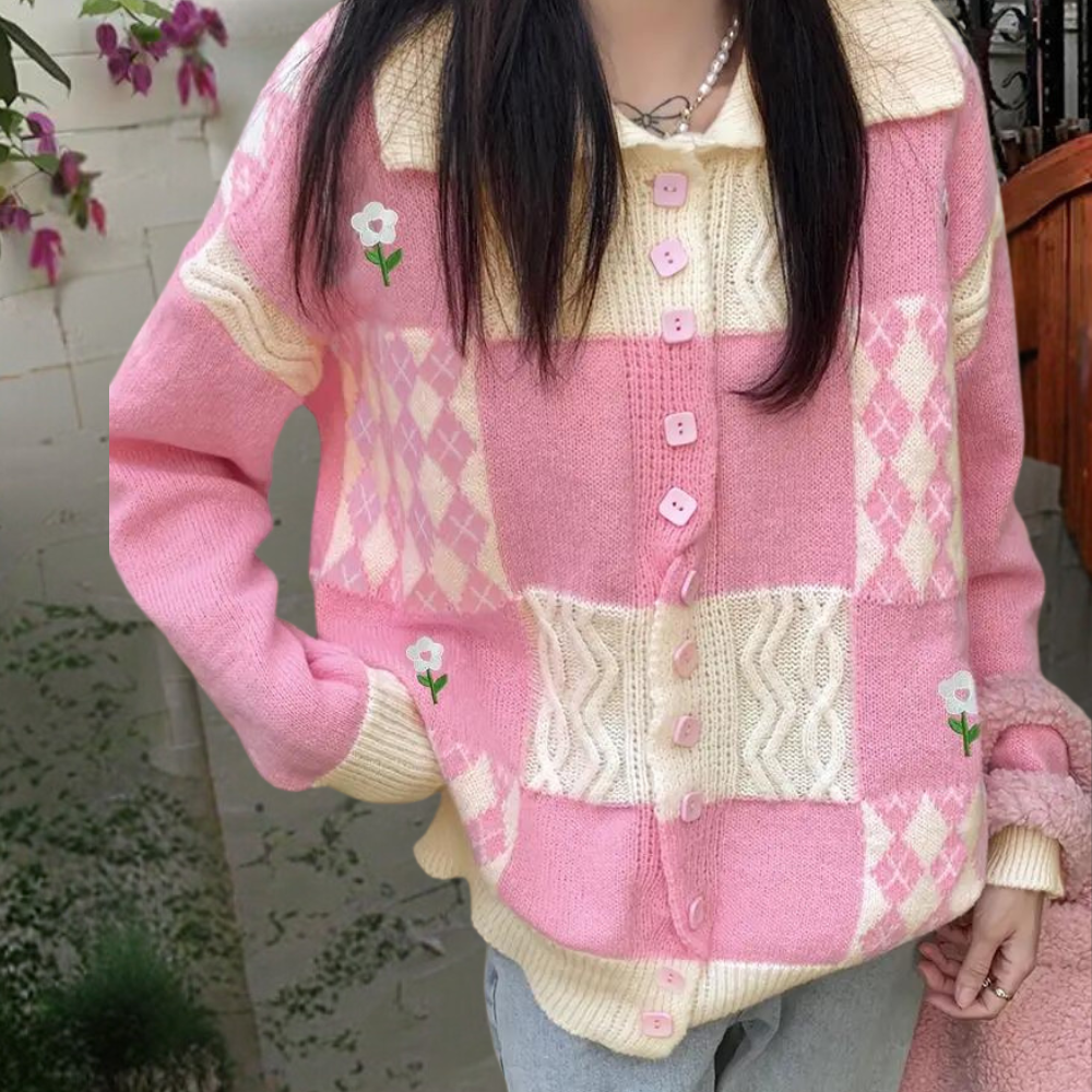 Cardigan Donna | Motivo a Quadri & Ricami | Stile Romantico e Morbido
