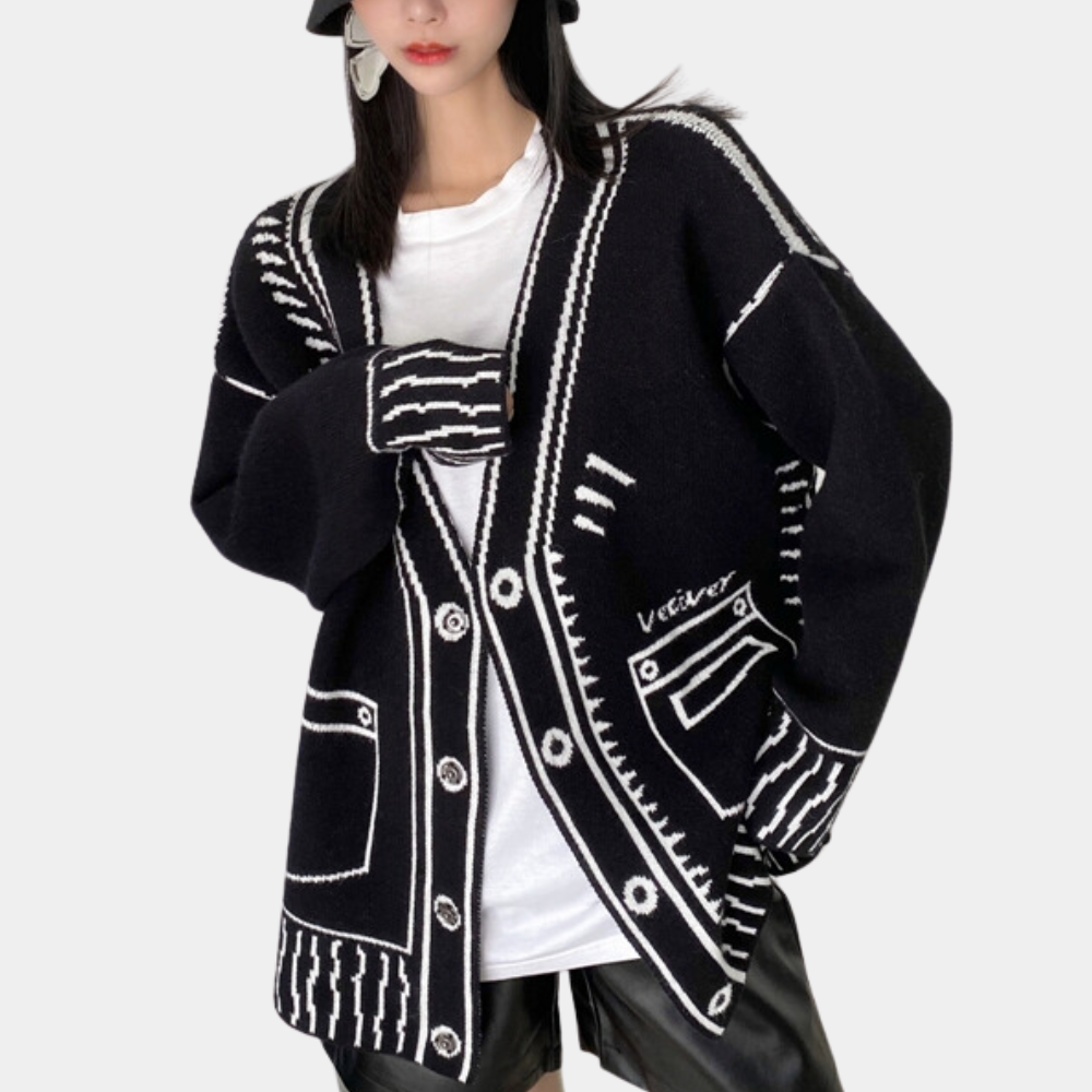 Cardigan Oversize Donna | Effetto Disegnato | Stile Streetwear e Moderno