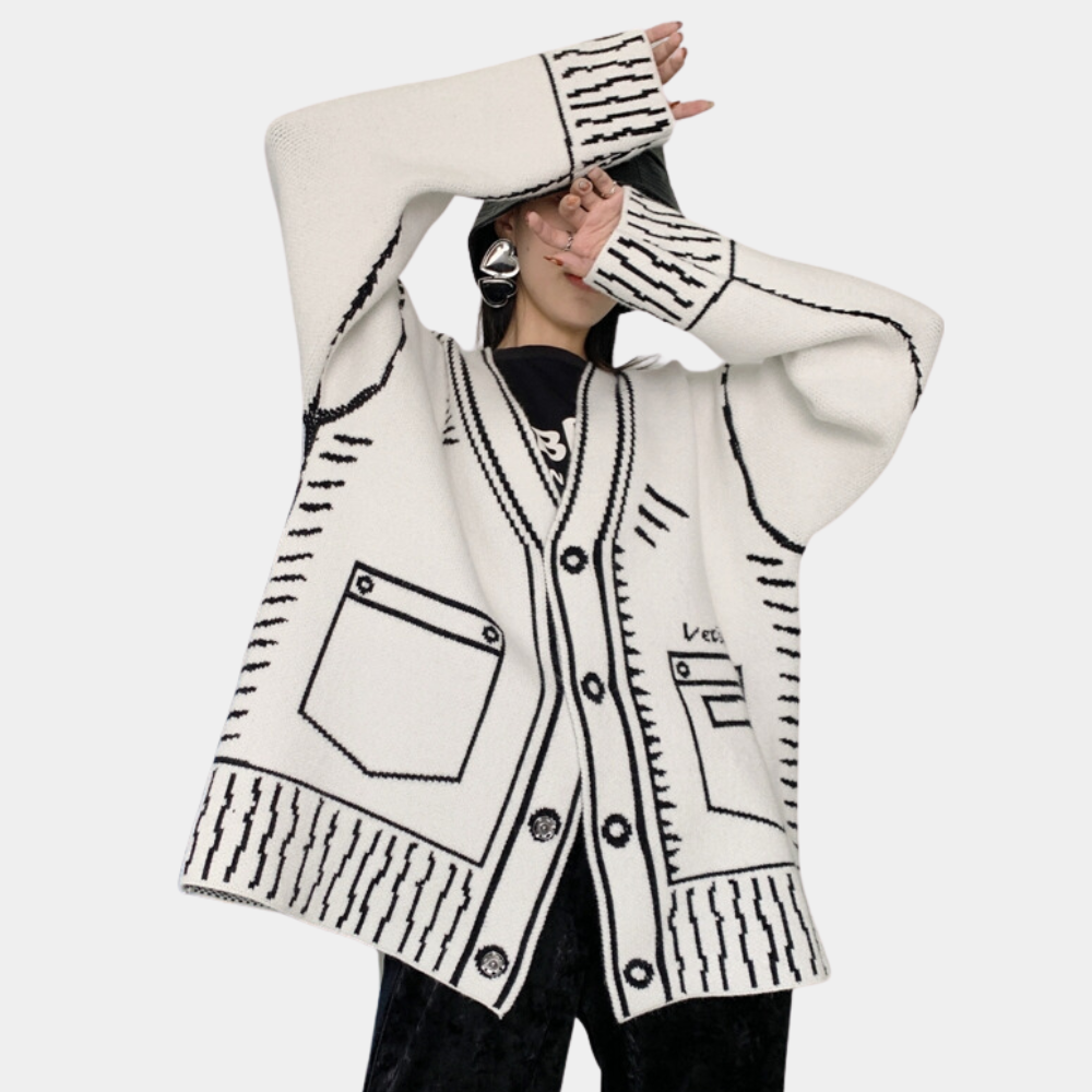 Cardigan Oversize Donna | Effetto Disegnato | Stile Streetwear e Moderno