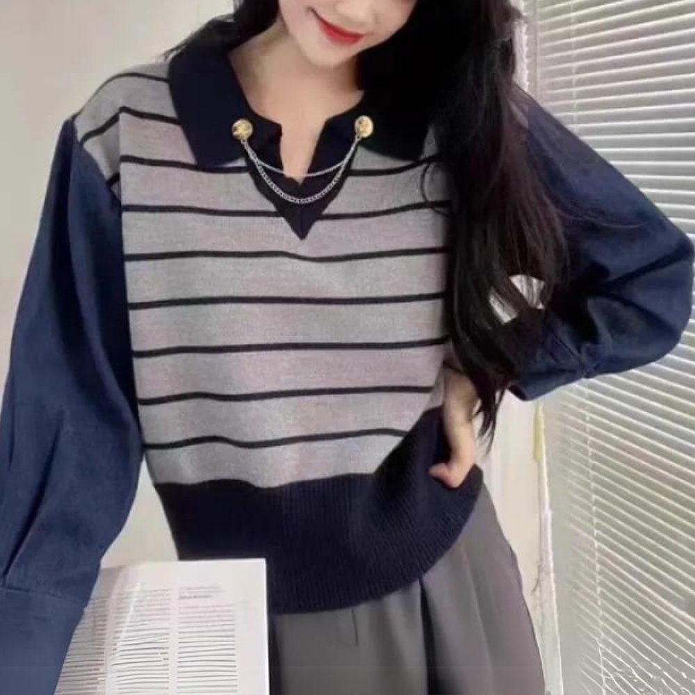 Maglione Donna | Maniche in Denim & Righe | Stile Casual e Trendy