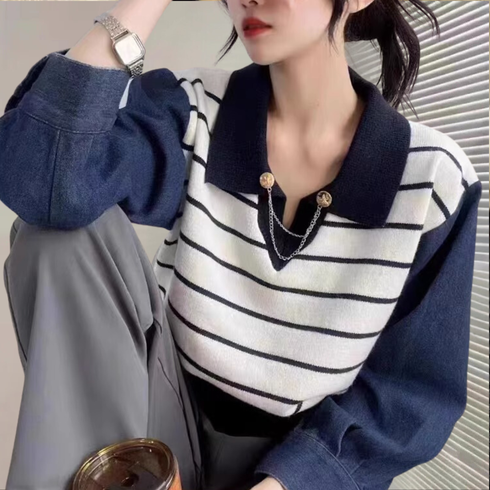 Maglione Donna | Maniche in Denim & Righe | Stile Casual e Trendy
