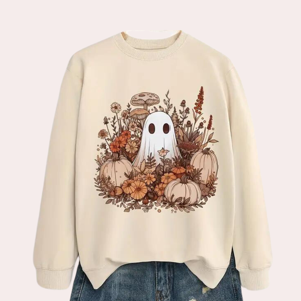 Felpa Oversize Halloween | Morbida | Stampa Fantasmino e Fiori | Casual e Comoda