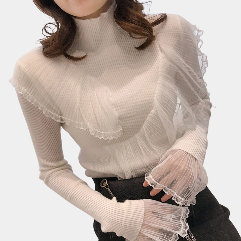 Maglione Collo Alto Donna | Volant in Pizzo | Elegante e Morbido