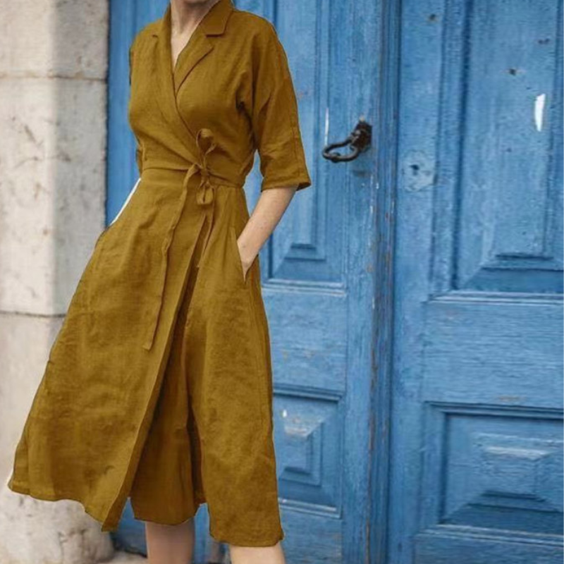 Abito midi in lino con cintura