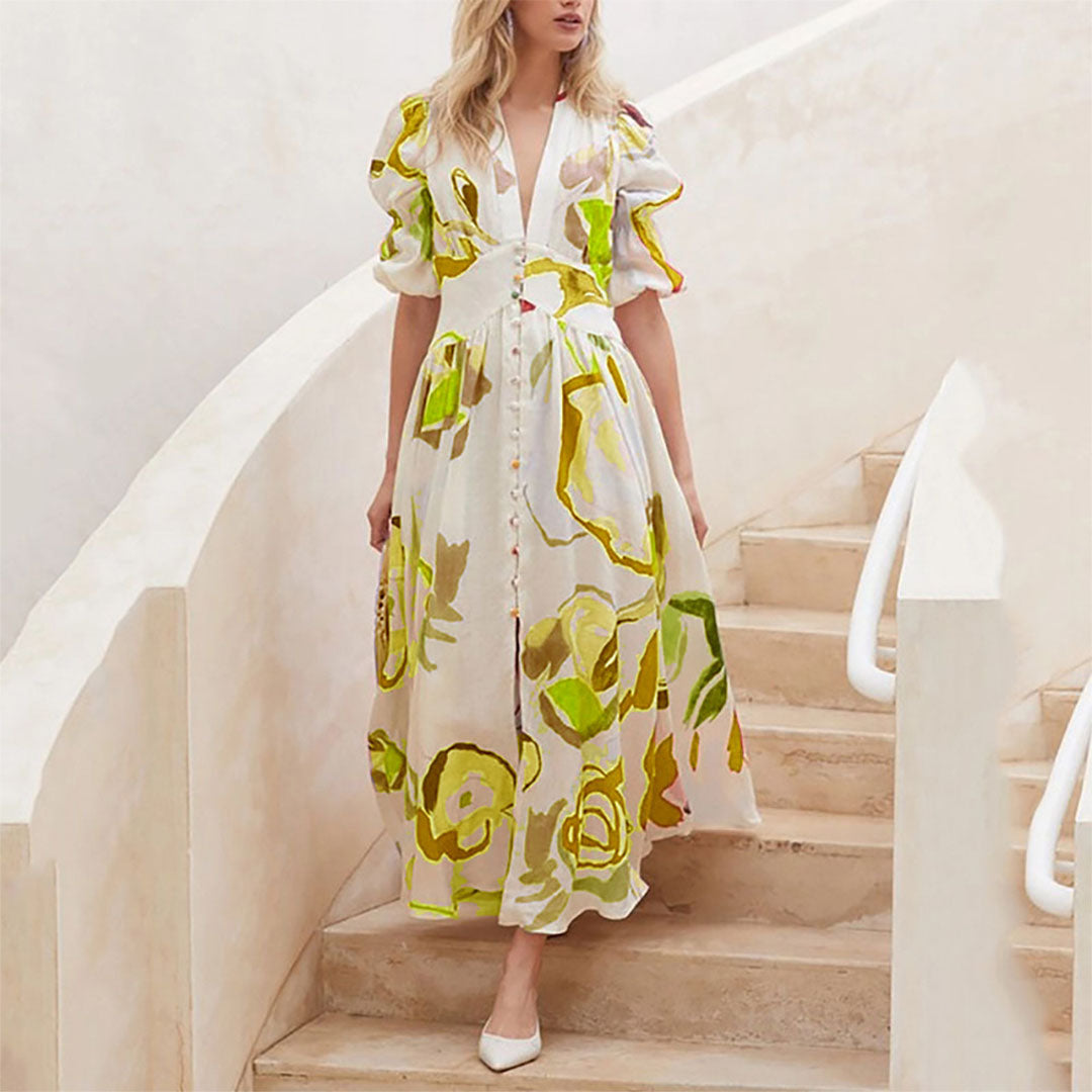 Abito Lungo Floreale | Maniche a Volant | Elegante e Femminile