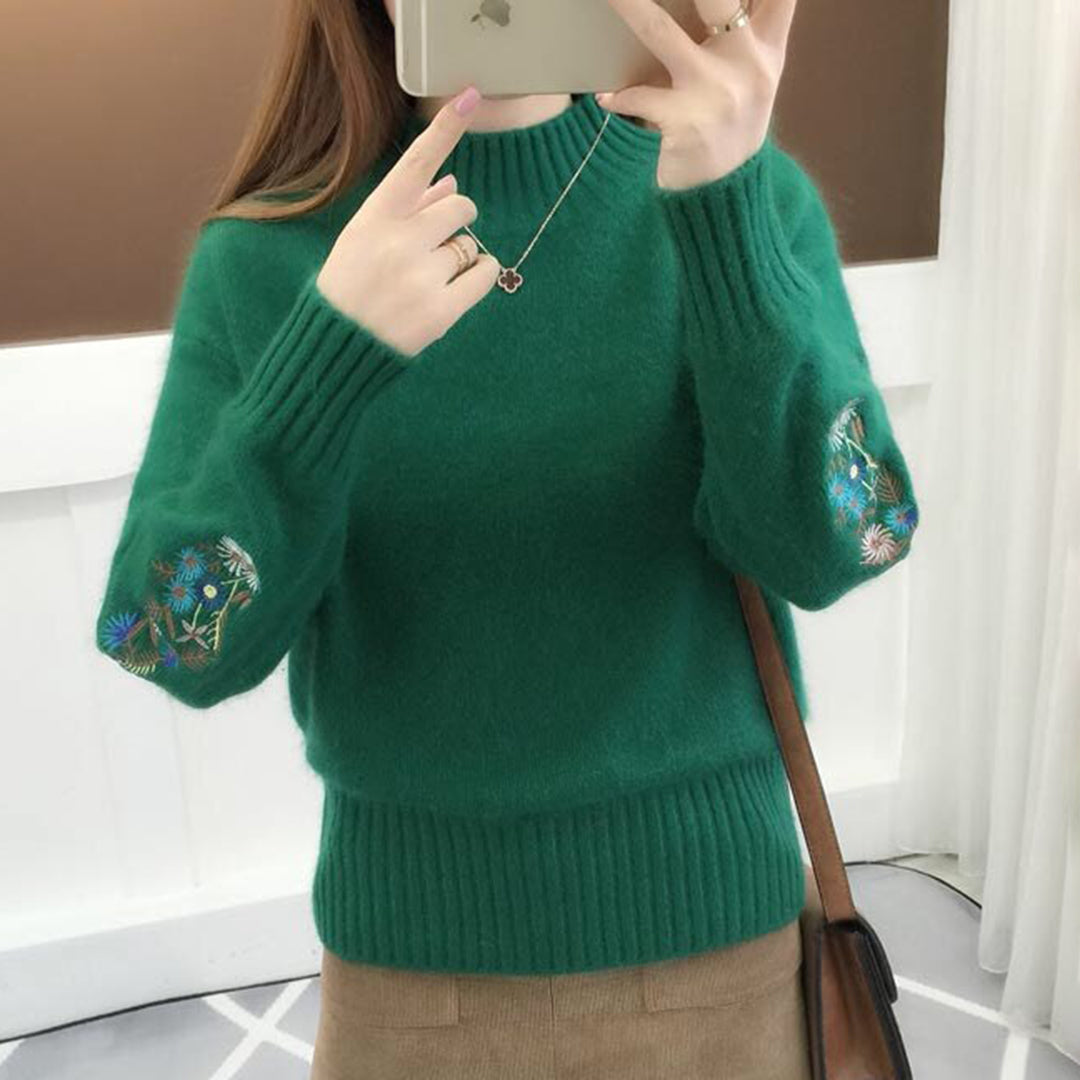 Maglione Dolcevita con Ricami Floreali | Misto Lana | Elegante e Femminile