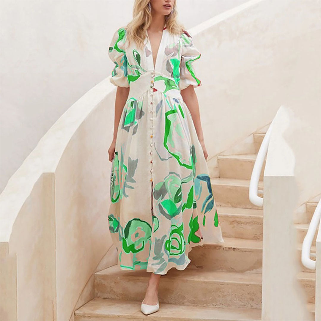 Abito Lungo Floreale | Maniche a Volant | Elegante e Femminile