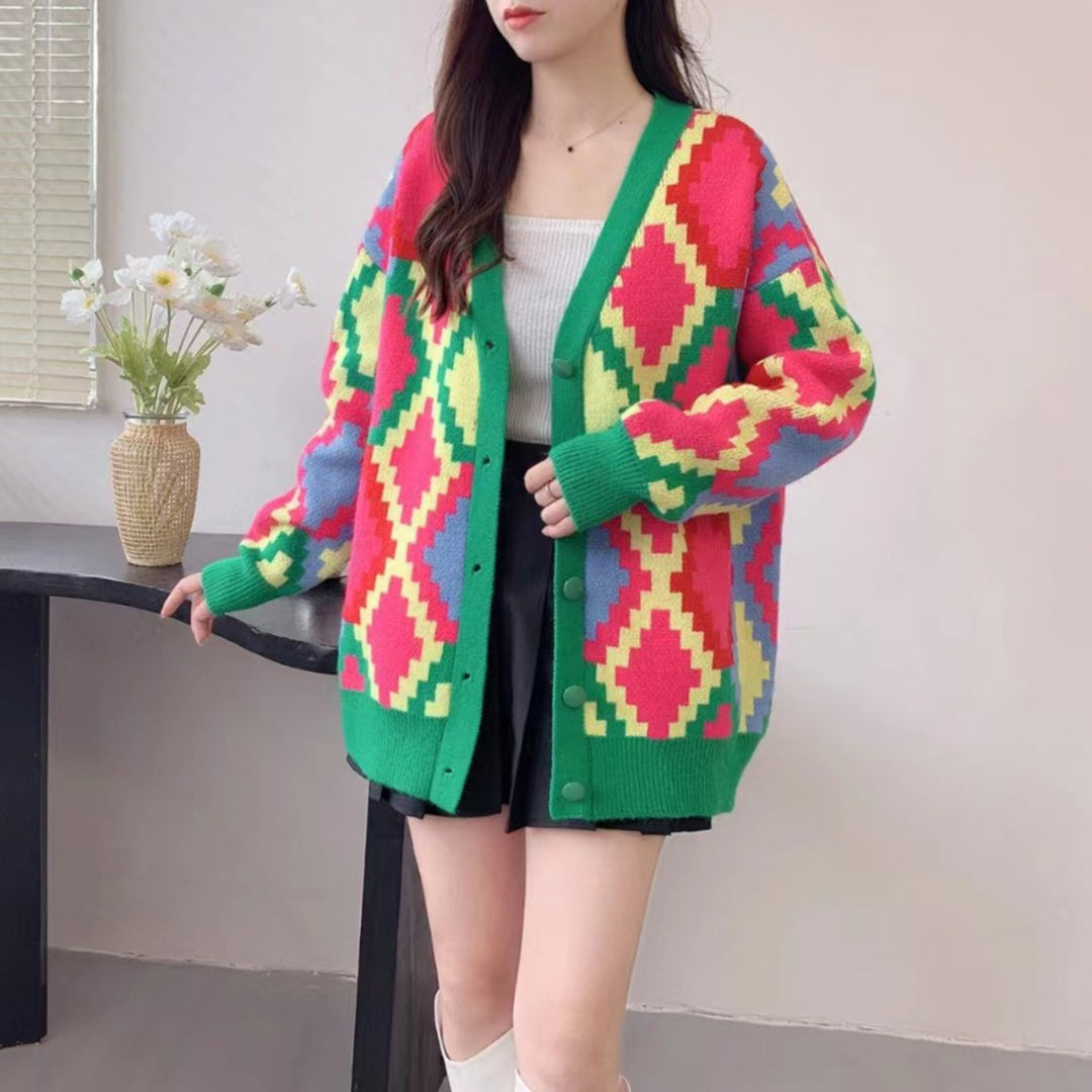 Cardigan Oversize Donna | Motivo Geometrico | Colorato e Morbido