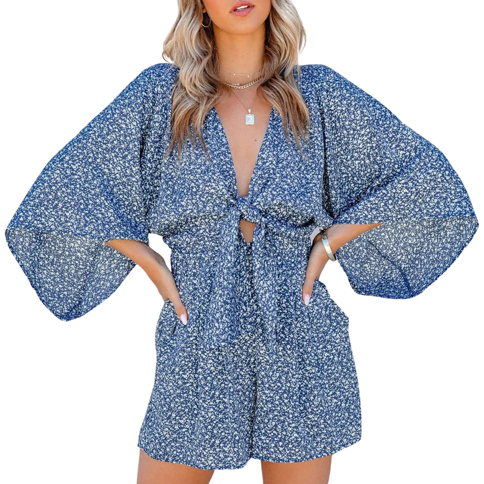 Jumpsuit corto con stampa e nodo frontale