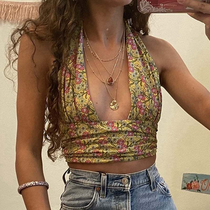 Crop Top Schiena Nuda | Stampa Floreale & Grafica | Estivo Sexy e Leggero