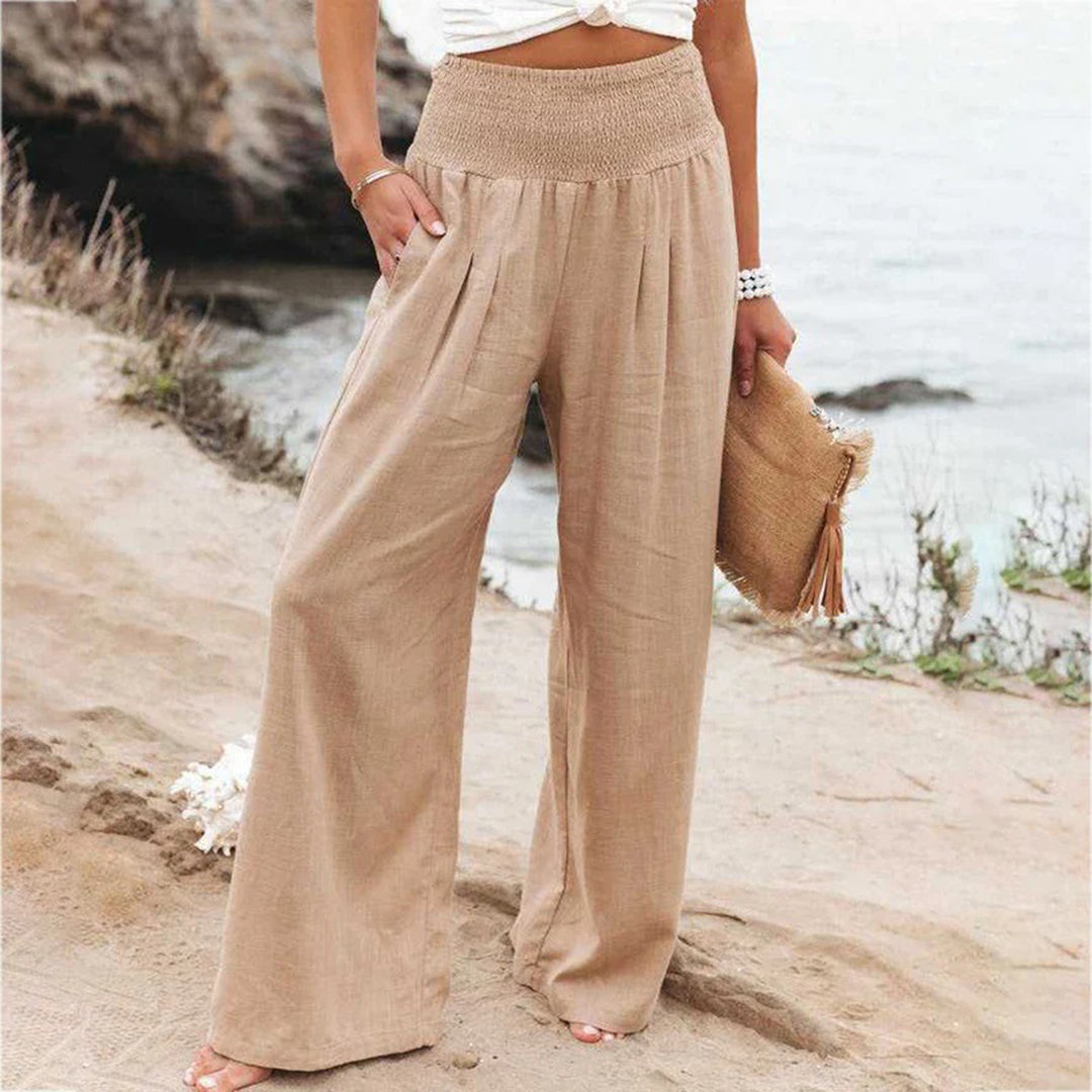 Pantaloni Estivi Donna | Cotone-Lino | Gamba Larga e Vita Alta con Cintura