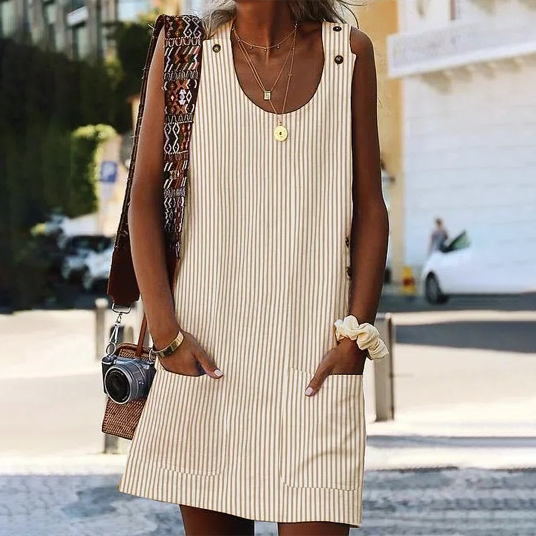 Abito Smanicato in Lino | Motivo a Righe | Fresco & Casual