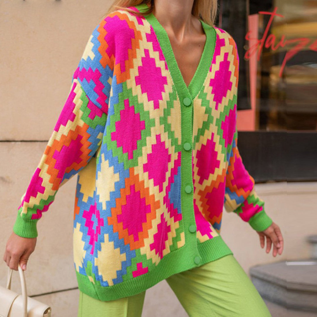 Cardigan Oversize Donna | Motivo Geometrico | Colorato e Morbido