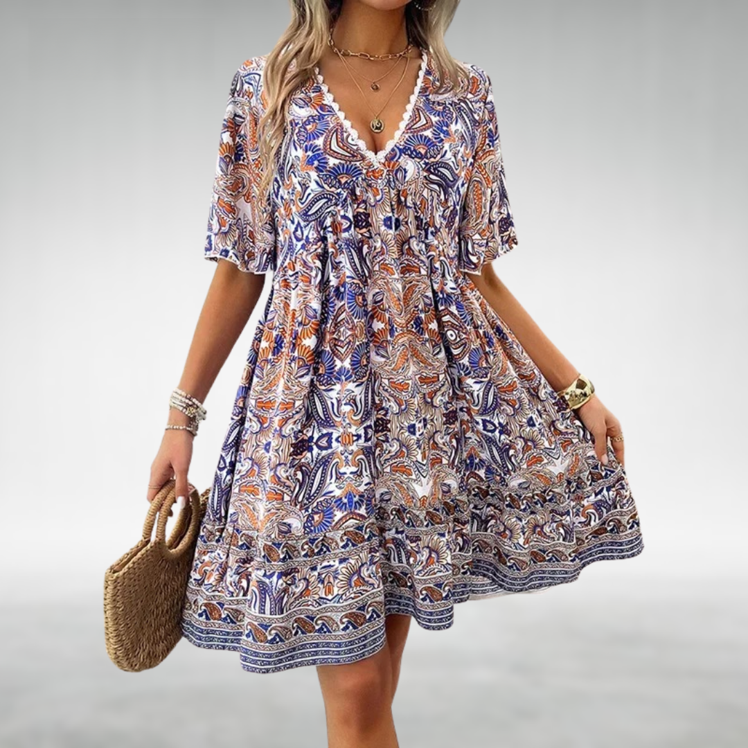 Abito Corto Boho con Stampa Etnica