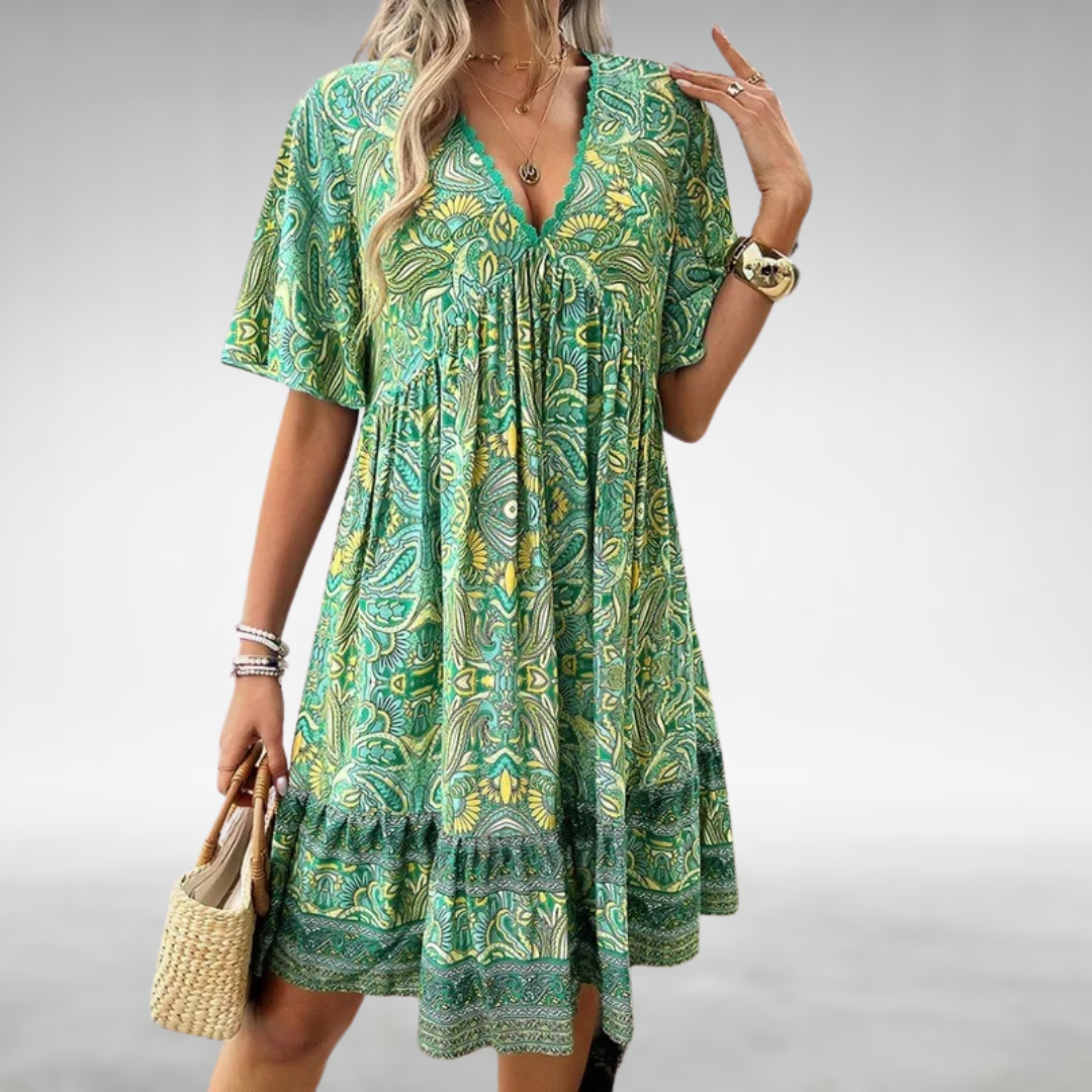 Abito Corto Boho con Stampa Etnica