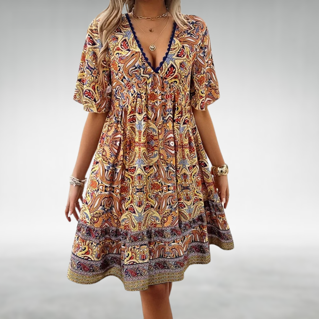 Abito Corto Boho con Stampa Etnica