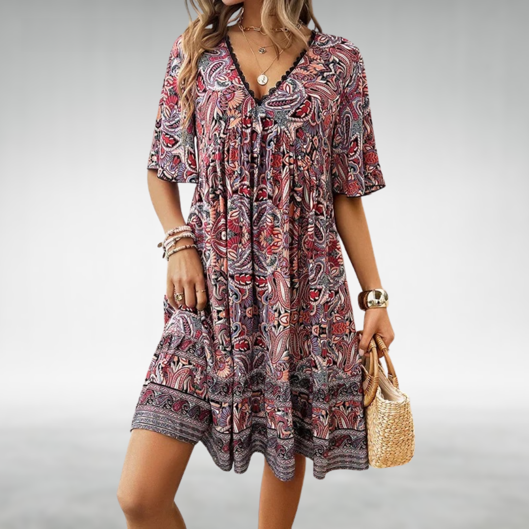 Abito Corto Boho con Stampa Etnica