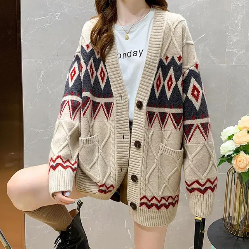 Cardigan Oversize Donna | Motivo Etnico | Maglia Calda e Morbida