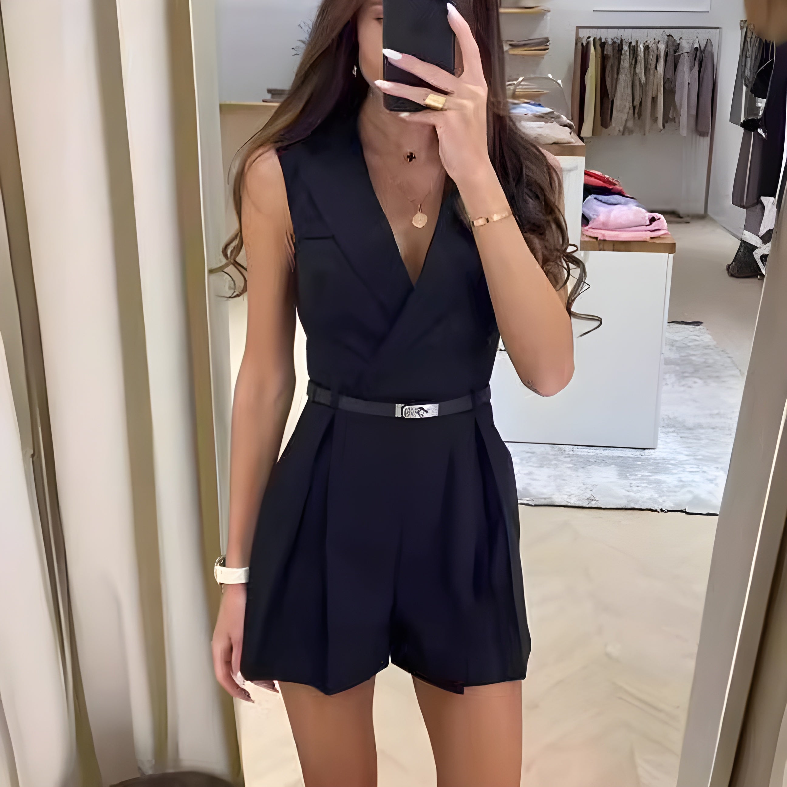 Tuta Corta Elegante | Poliestere | Senza Maniche con Cintura