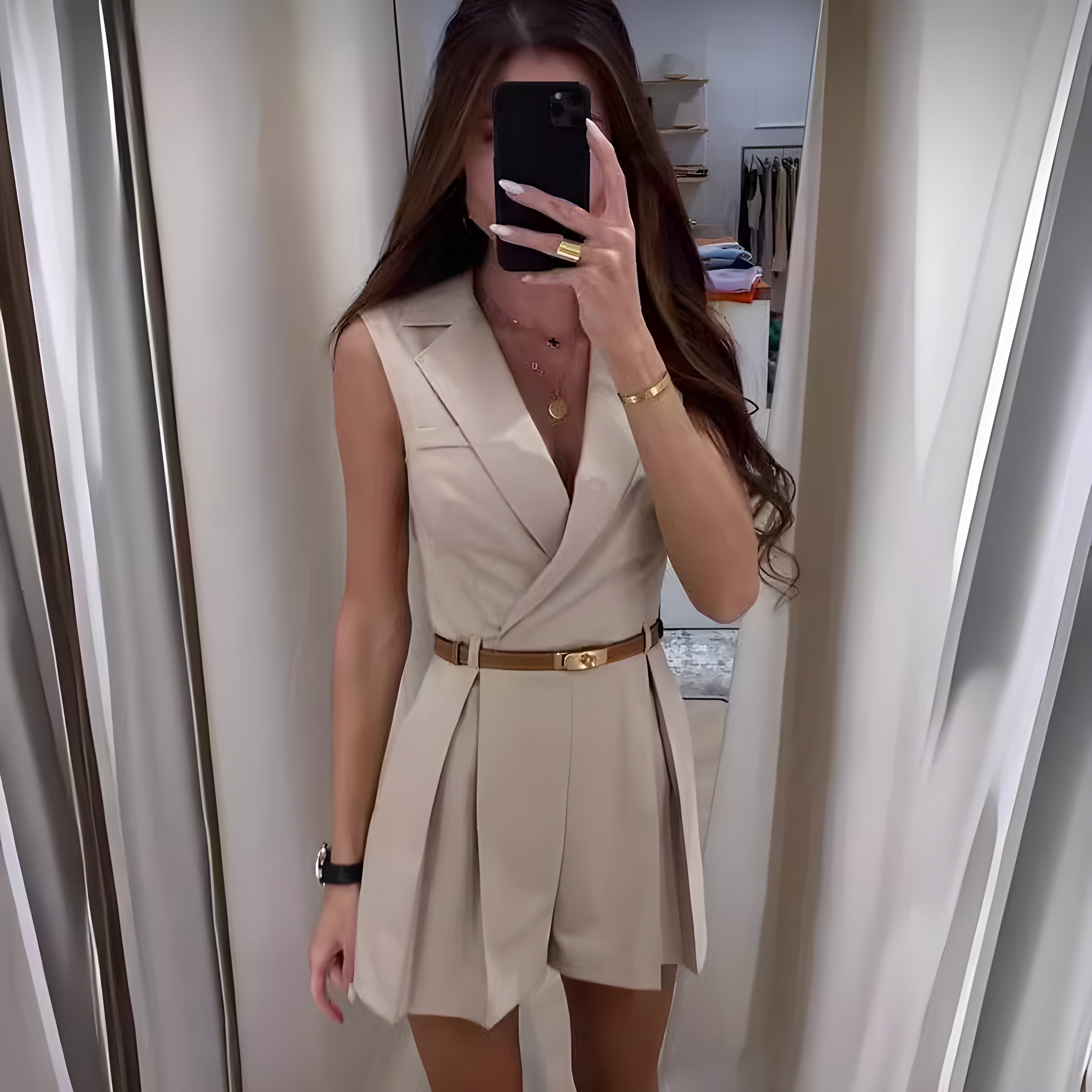 Tuta Corta Elegante | Poliestere | Senza Maniche con Cintura