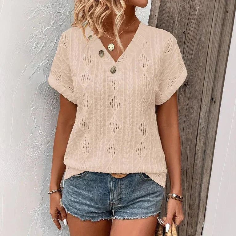 T-Shirt Decorata | Maniche Corte | Scollo a V in Tessuto Traforato