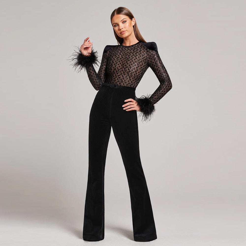Jumpsuit Elegante in Velluto Nero | Serate Glamour | Dettagli Piuma