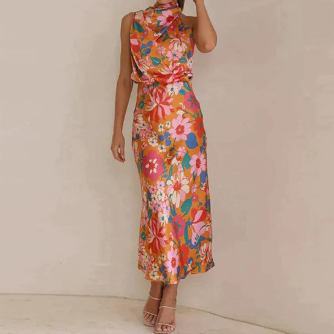 Abito Lungo in Raso Floreale | Elegante & Fluido | Perfetto per Eventi Estivi