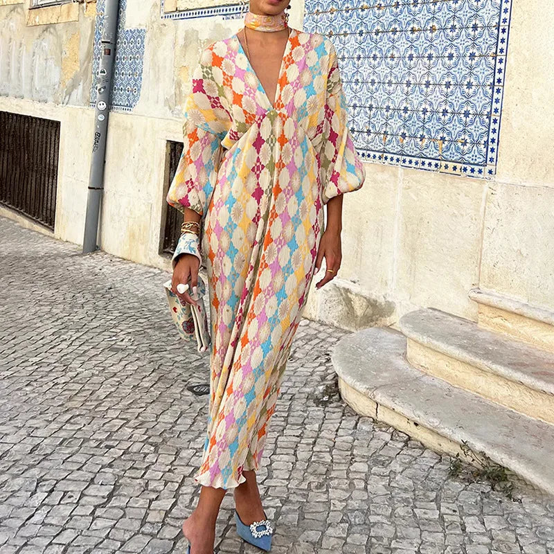 Abito Midi Geometrico | Plissettato e Multicolore | Eleganza Vivace