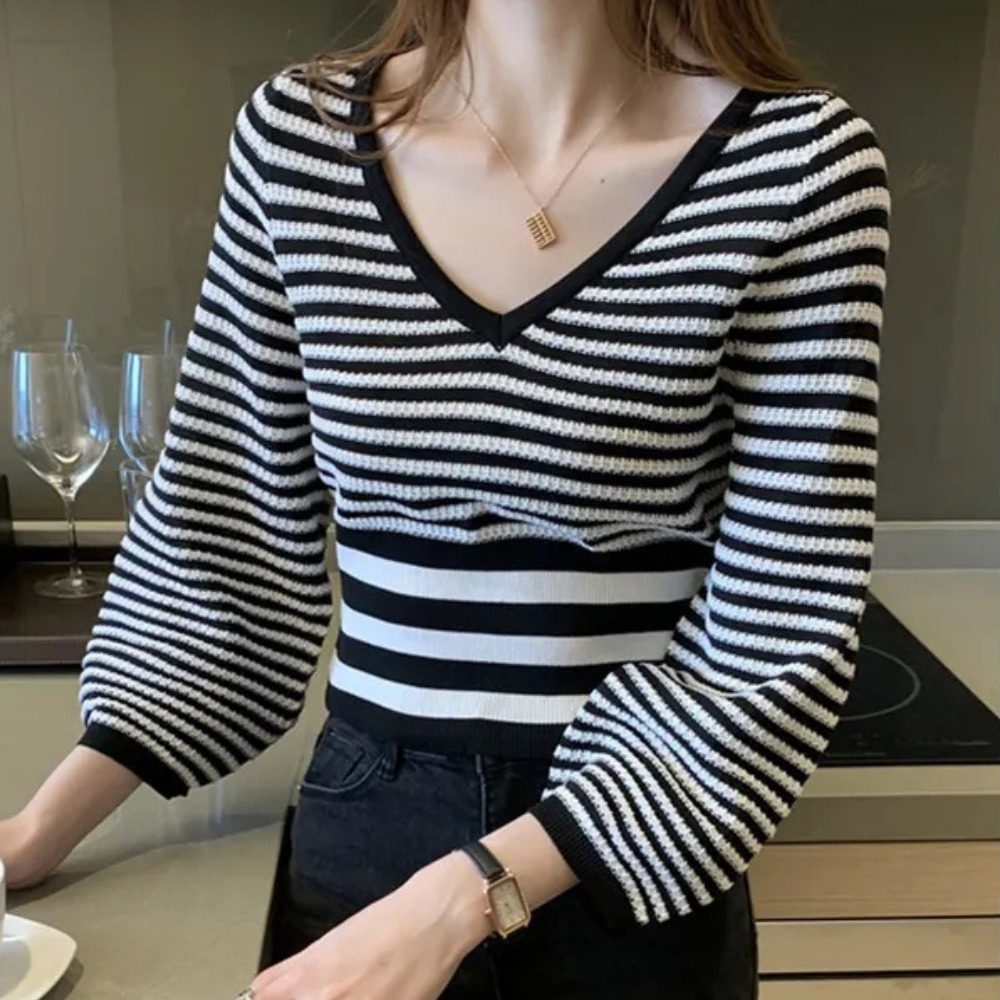 Maglia Donna a Righe | Scollo a V | Maniche a Palloncino
