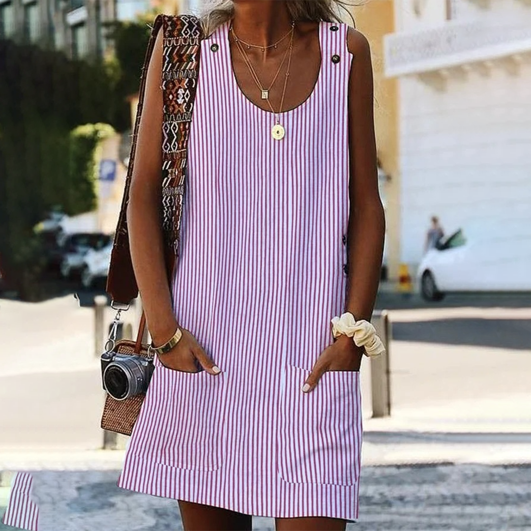 Abito Smanicato in Lino | Motivo a Righe | Fresco & Casual