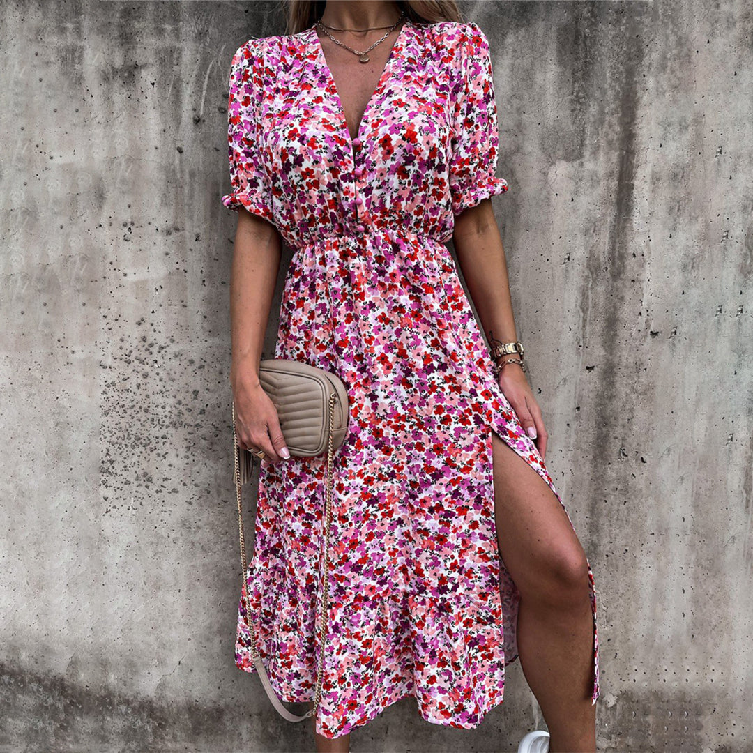 Maxi Abito Floreale | Romantico & Leggero | Scollo a V & Spacco Laterale