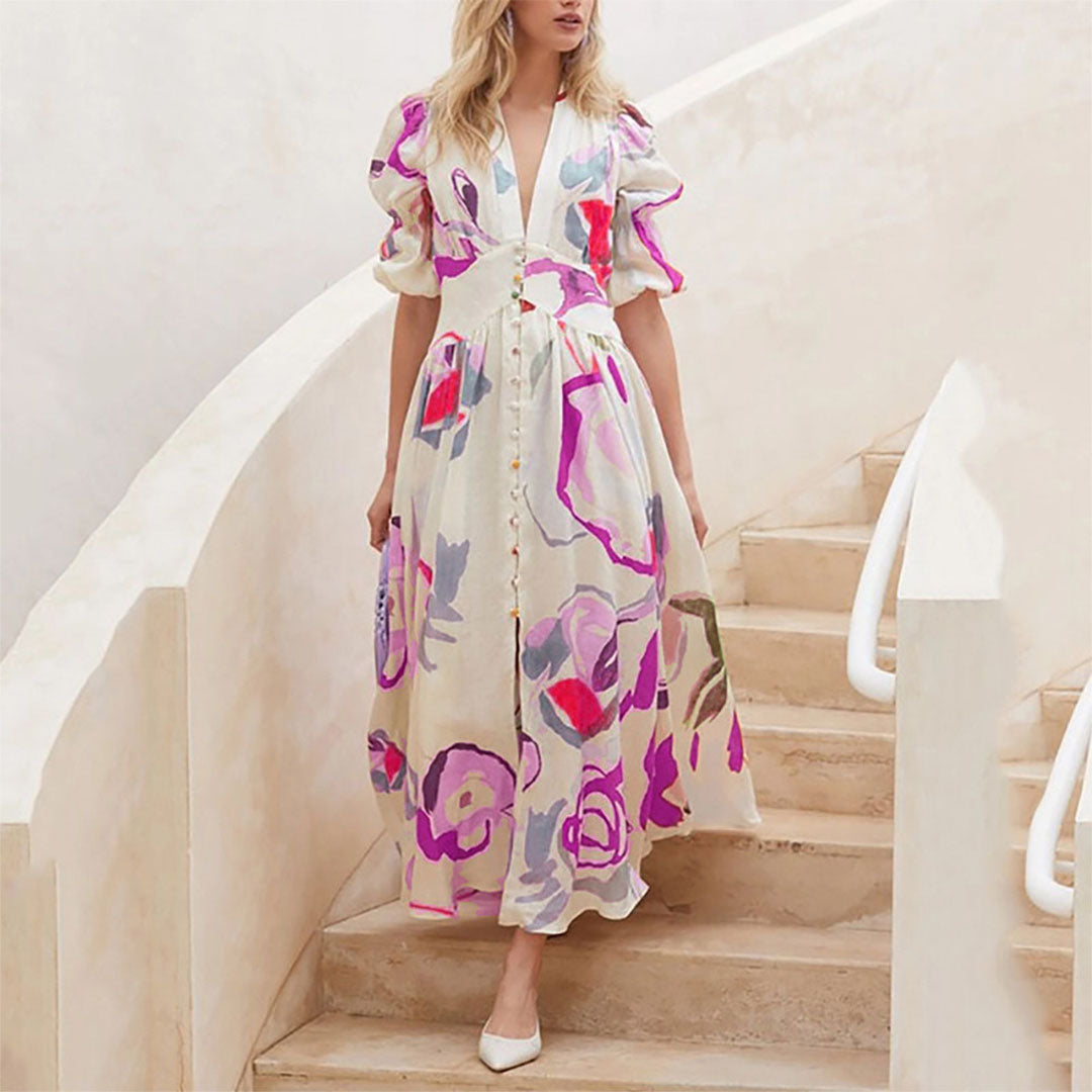 Abito Lungo Floreale | Maniche a Volant | Elegante e Femminile