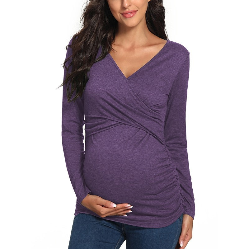 Maglia Premaman Allattamento | Cotone Elasticizzato | Scollo Incrociato