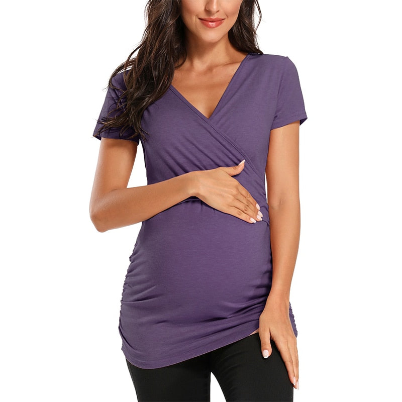 Maglia Premaman Allattamento | Cotone Elasticizzato | Scollo Incrociato
