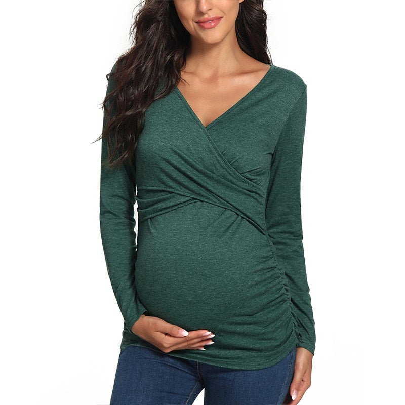 Maglia Premaman Allattamento | Cotone Elasticizzato | Scollo Incrociato